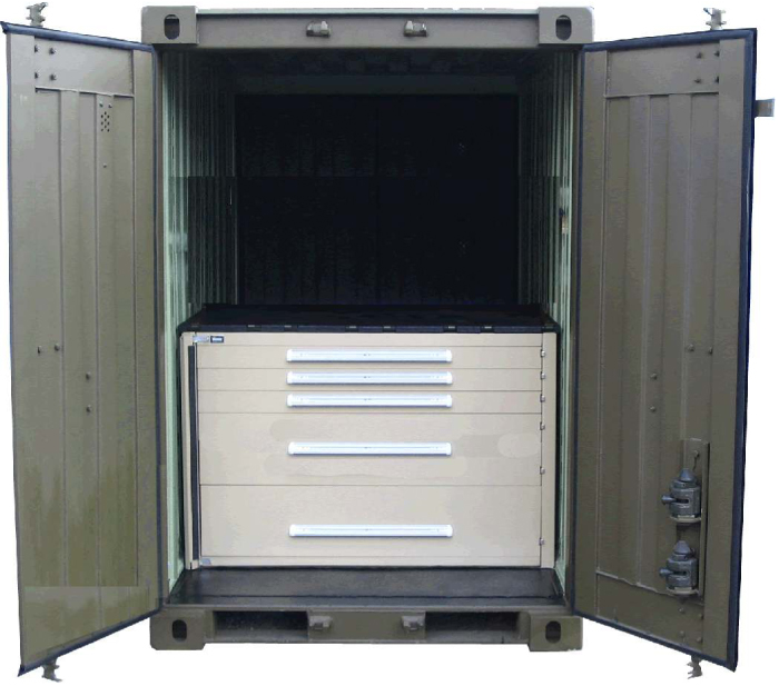 Quadcon Dry Freight ISO Container with Five-Drawer Cabinet